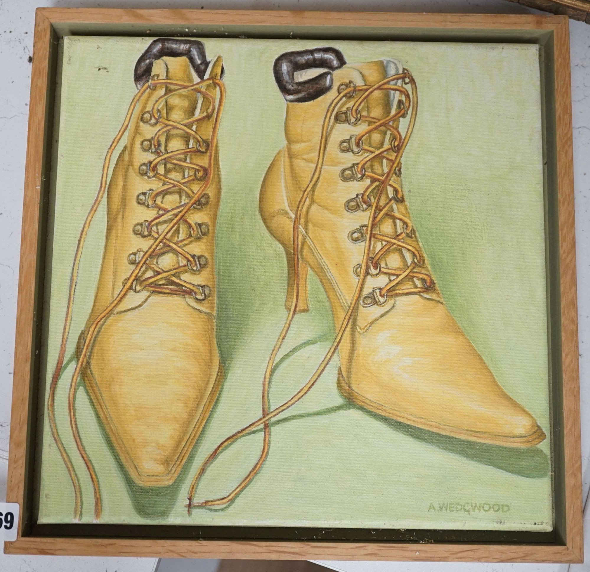 Adam Wedgwood (b.1962), oil on canvas, 'Yellow lace up ankle boots', signed, 30 x 30cm